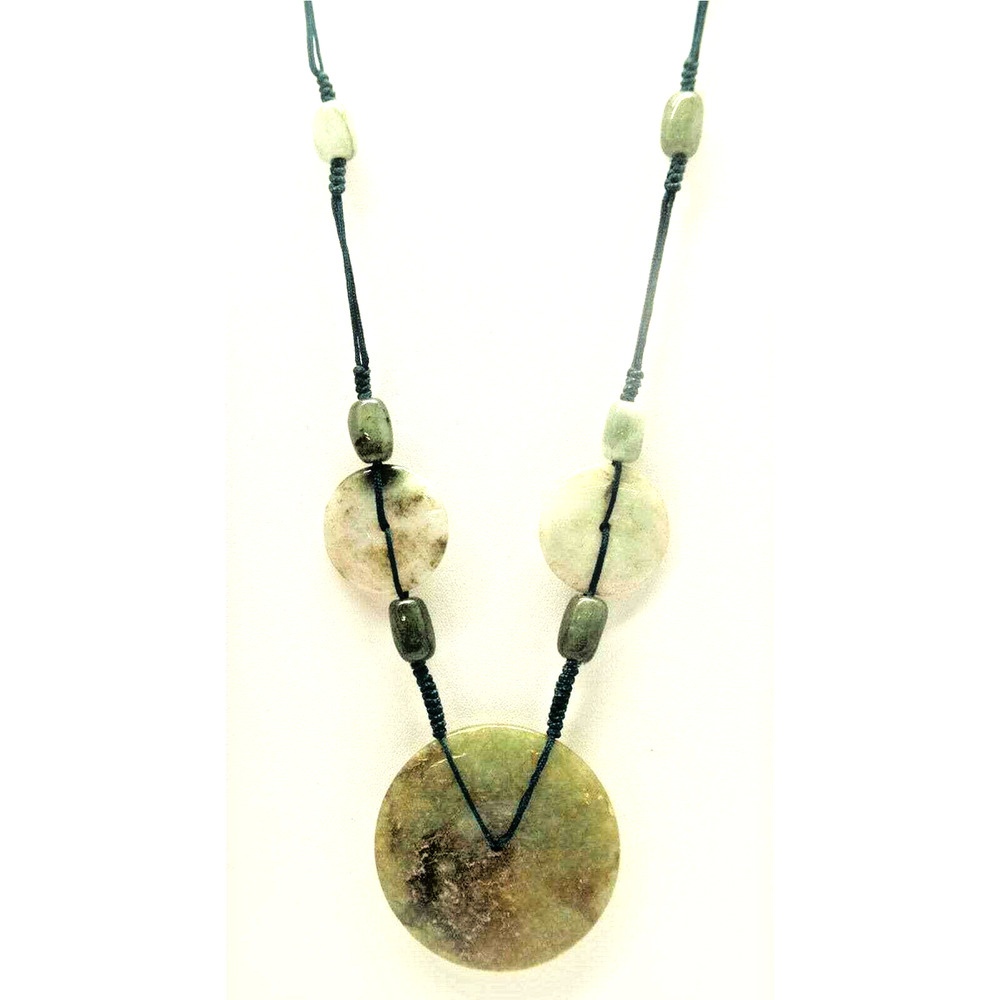 Big Jade Disc Necklace Pendant Moss Green & White • Black String 32"